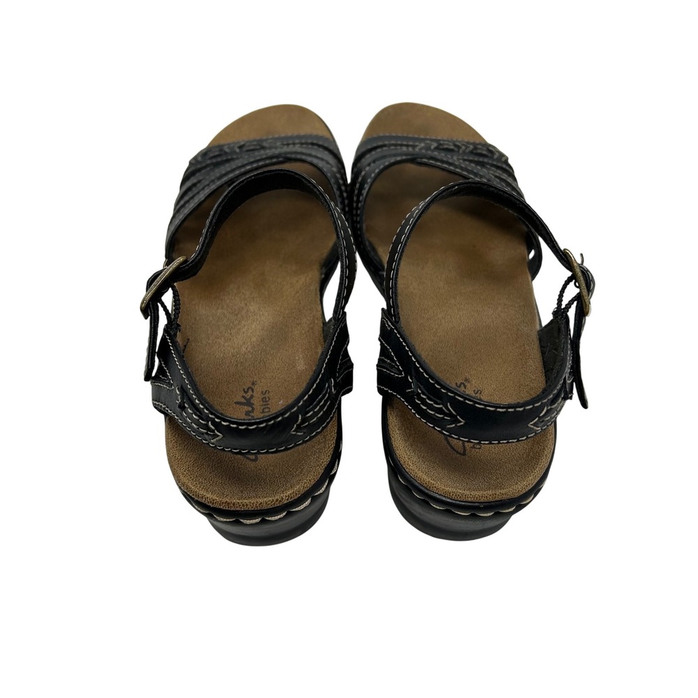 Clarks Bendables Black Leather Wedge Sandals Strappy Ankle Strap Womens 7.5 - Picture 5 of 14